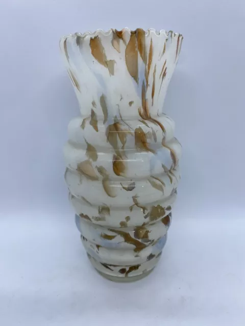 vintage Ribbed hand blown spatter glass vase brown/white