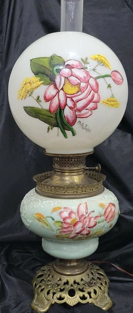 Antique Gwtw Banquet Oil Lamp Hand Painted Ornate Converted 24" 3 Way
