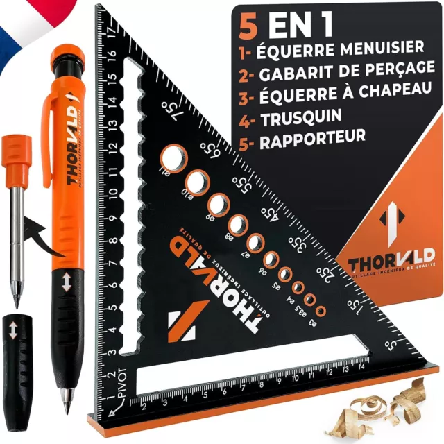 THORVALD 5 en 1 Equerre Menuisier 180 mm + Crayon Chantier - Multifonction