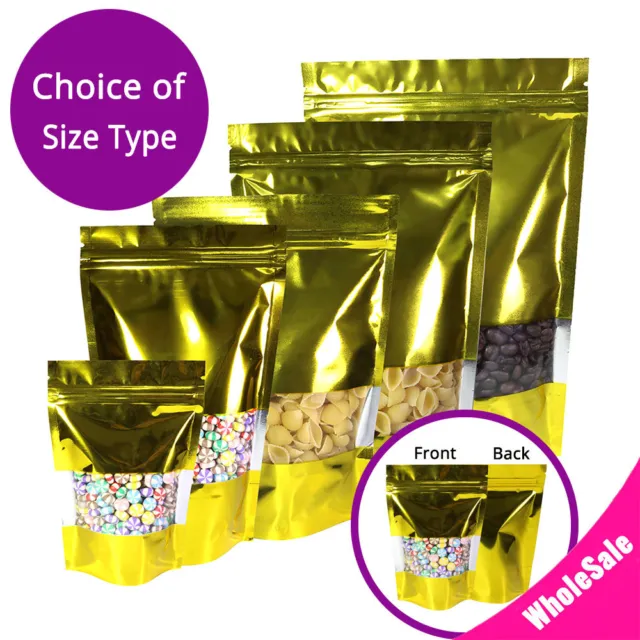 Many Sizes for Gold Foil Mylar Stand up Zip Lock Bag w/ Clear Front Window M17