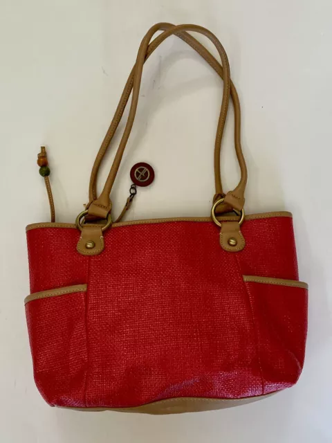 Giani Bernini Red Womens Handbag Tote Woven Braided Accent w/Logo Charm Beads