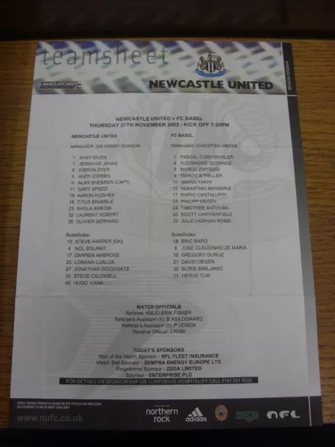 27/11/2003 Colour Teamsheet: Newcastle United v Basel [UEFA Cup] (Folded). Footy