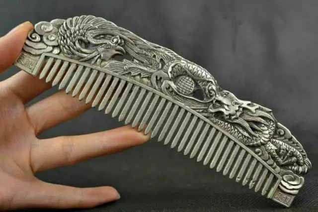 Chinese Old Decoration Collectibles Handwork Tibet Silver Carving Dragon Comb mk