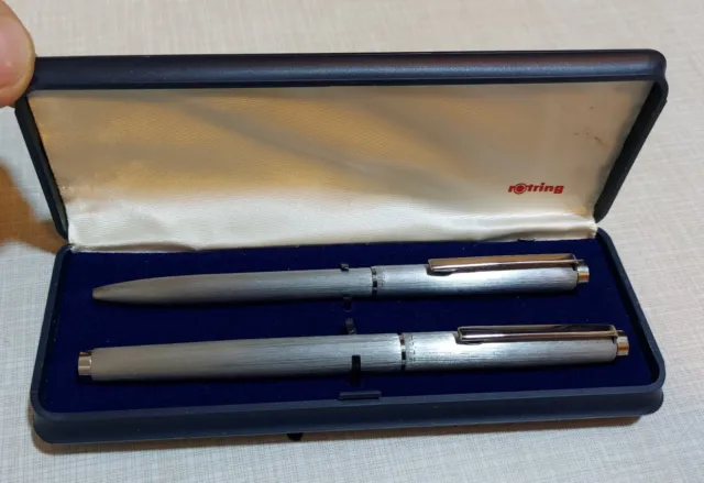 ✒ Vintage Rotring Two Pen Set Fountain Pen and Ballpoint in brushed Silver-Metal