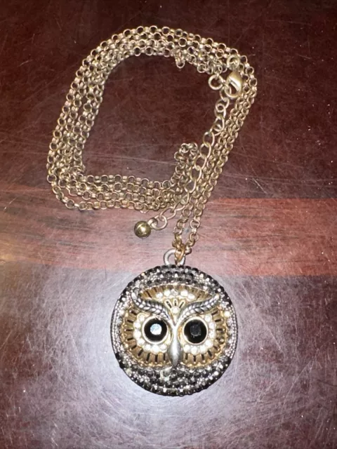 Vintage OWL Pendant Onyx & Rhinestones Silver & Gold Tone Chain Necklace 32”