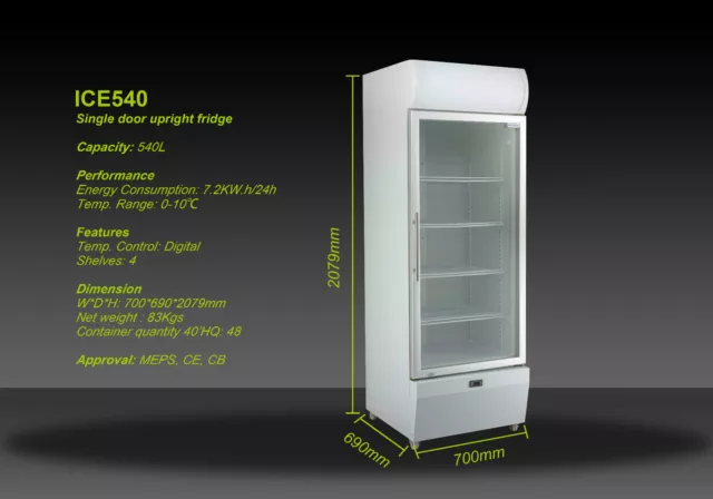 B NEW 540L COMMERCIAL UPRIGHT DISPLAY  DRINK FRIDGE   BEER CHILLER 3.2kW.h/24h