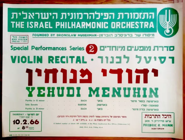 1966 YEHUDI MENUHIN Violin RECITAL Jewish POSTER Israel HEBREW Violinist BARTOK