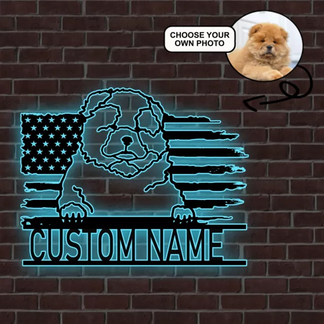 Personalized Chow chow Dog American Flag Metal Sign Led Lights Custom Photo 2