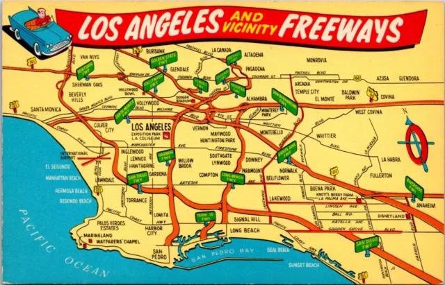 Los Angeles Freeways Drawing Aerial View Map CA California Vicinity postcard P8