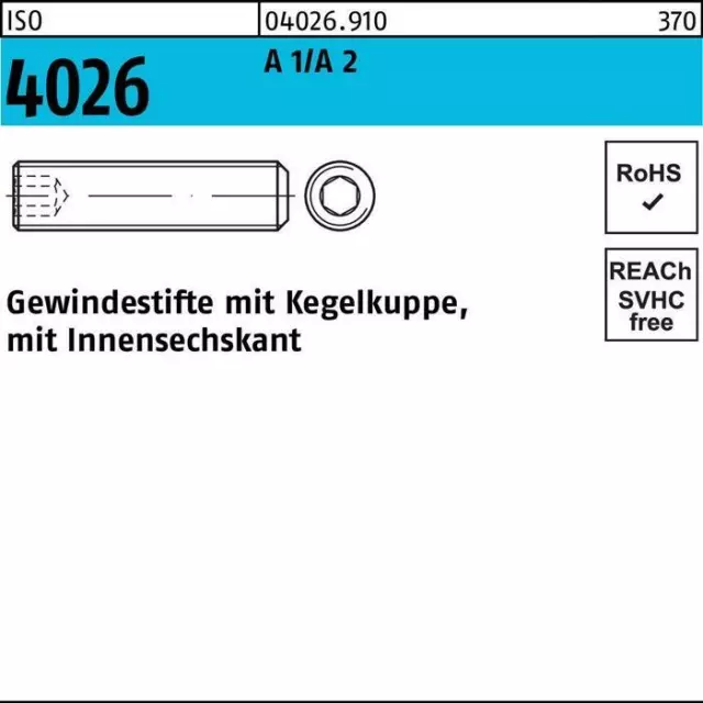 Gewindestift ISO 4026 Kegelkuppe/Innen-6-kant M 12 x 50 A 1/A 2