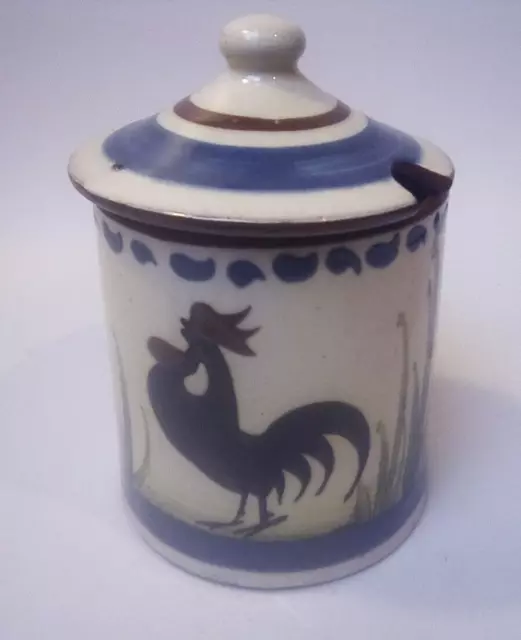 Longpark pottery Torquay, Devon Lidded Jam  Pot Cockerel  design Motto 12.5 cm