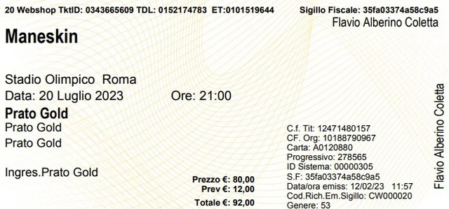 Biglietto Concerto Maneskin 20 Luglio 2023 Stadio Olimpico ROMA