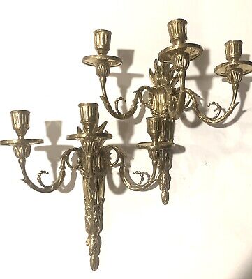 PAIR Antique Cast Brass French Torch Wall Scones 3 Arm Candle MK Mark Empire