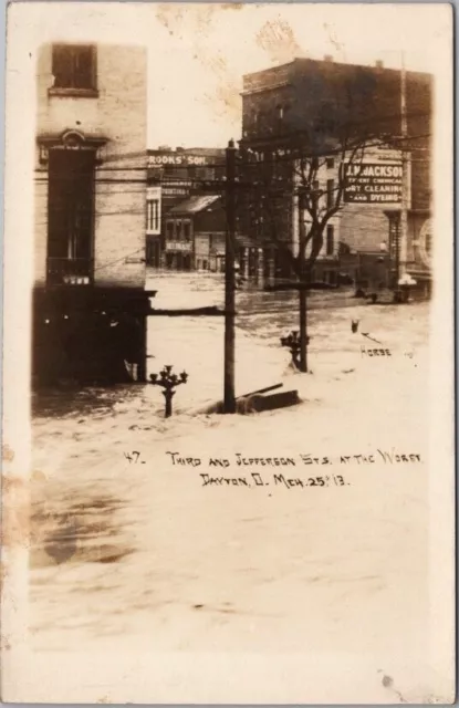 1913 DAYTON FLOOD Ohio Real Photo RPPC Postcard "3rd & Jefferson Streets" Unused