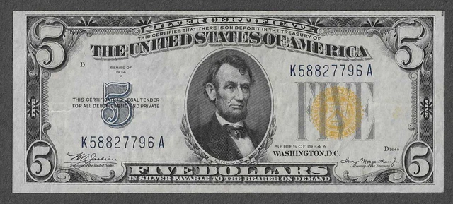FR 2307 Five Dollars Series of 1934A North Africa Silver Certificate Yellow Seal