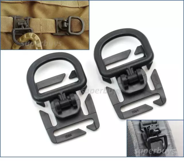 2x Black Tactical MOLLE 25mm D-Ring Swivel Clip Buckle Bag Webbing Strap 360 Deg