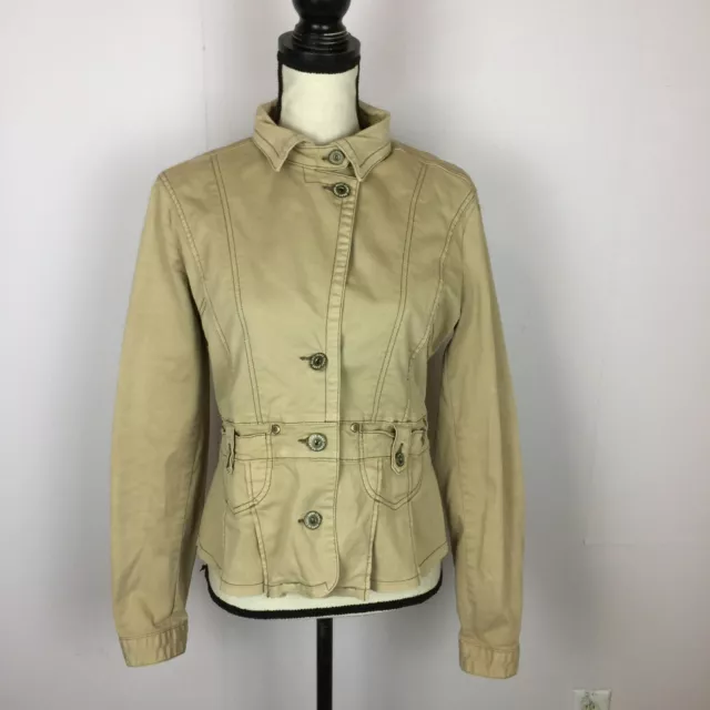 DKNY Jeans Blazer Jacket Size M Womans Beige Khaki Long Sleeve Stretch Collared