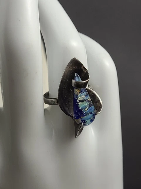 Vintage Sterling Silver Mexico Taxco Art Glass Ring Size 7