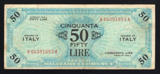 1943 Italy 50 Lire Banknote - Allied Military Currency Wwii - Series 1943A