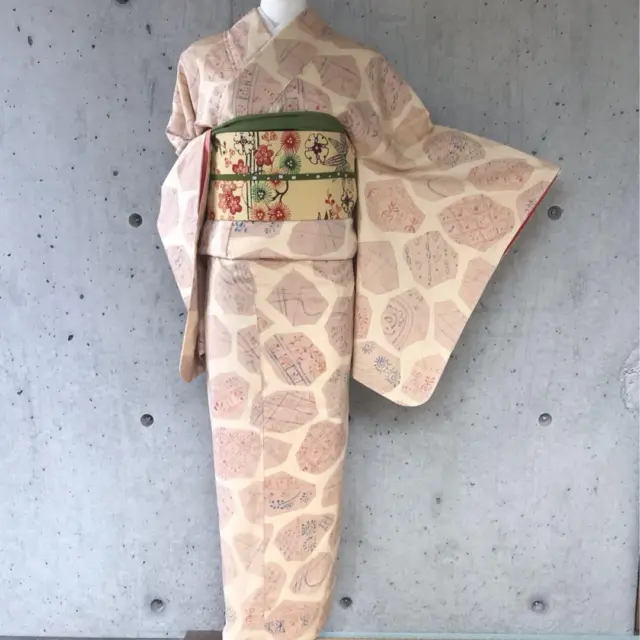 Japanese Kimono Pongee Tsumugi 164cm Flower Plant Orange beige Antiqu Vintage