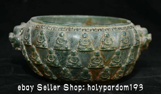 6" Old China Green Jade Carving Dynasty Palace Buddha Beast Head Ear Jar Pot