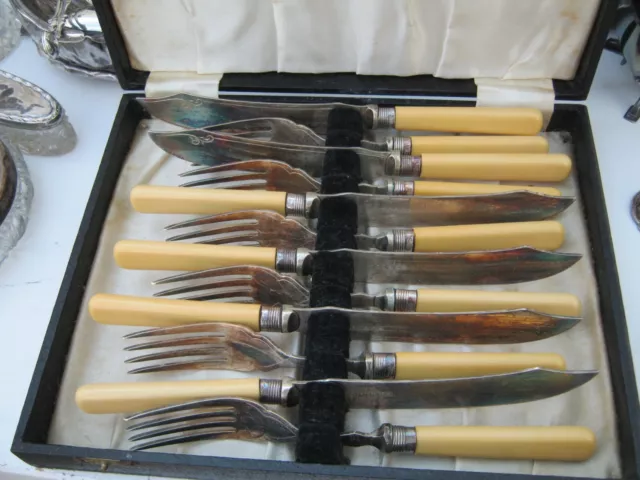 Antique Cutlery Set With Sterling Silver Collars & Ivorine Plastic Handles c1930