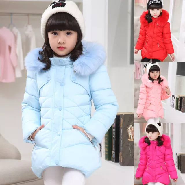 Girls Kids Padded Coat School Quilted Winter Jacket Puffer Fur Hooded Long Parka