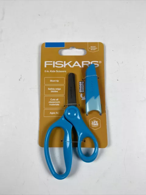 Tijeras Fiskars 5 pulgadas. Niños, punta roma, cuchillas de borde de seguridad, funda borradora