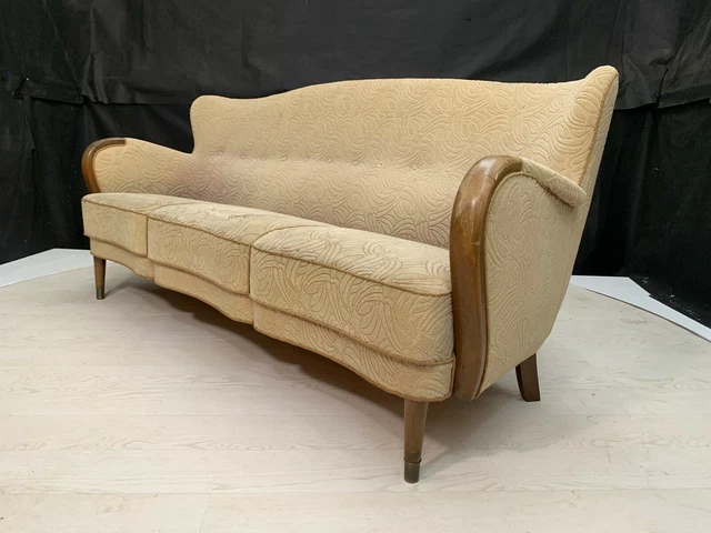 EB2237 Danish Beech & Beige Wool 3 Seater Sofa Vintage Antique Lounge 1940s V3SS