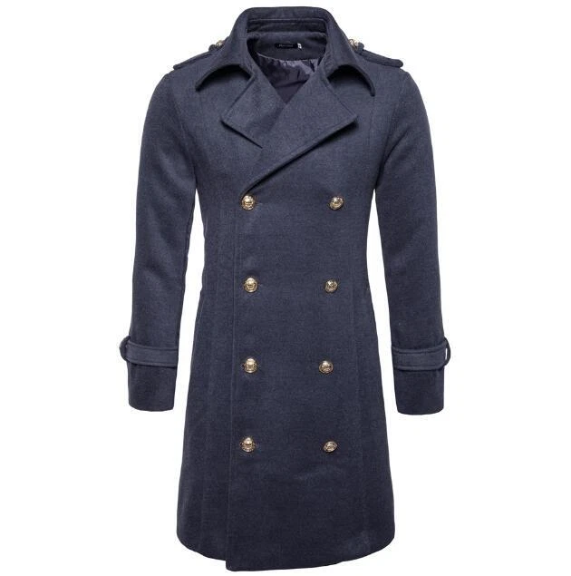 Men Woolen Long Jacket Trench Coat Double Breasted Overcoat Warm Outwear Winter