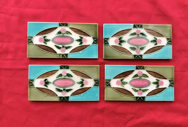 4 Piece Old Art Embossed Design Majolica Ceramic Tiles Japan 0208 3