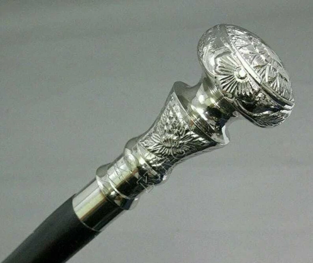 Handmade carved Solid Silver Handle Antique Victorian cane Wooden Walking Stick
