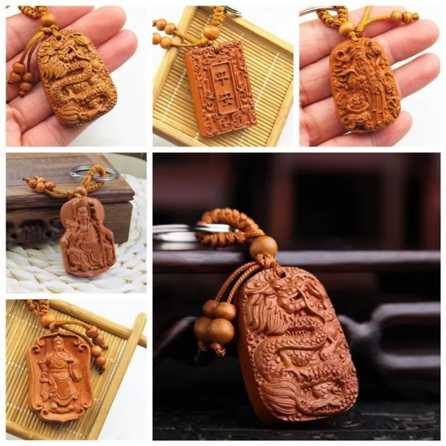 Wood Carving Keyring Pendant Chinese Dragon Statue Pendant
