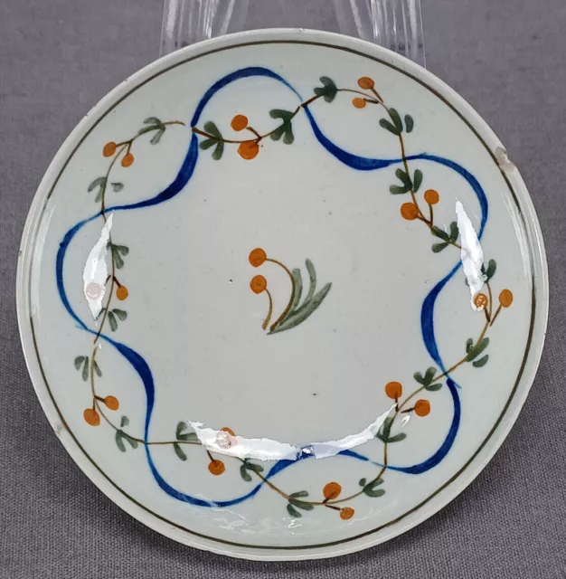 British Enamelled Orange Ocher Berry Blue Ribbon Child's Pearlware Saucer C.1810