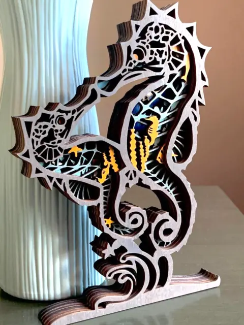 Sea Life Seahorses Ocean Waves Wood Wooden 3D Shadow Box Diorama Sculpture New