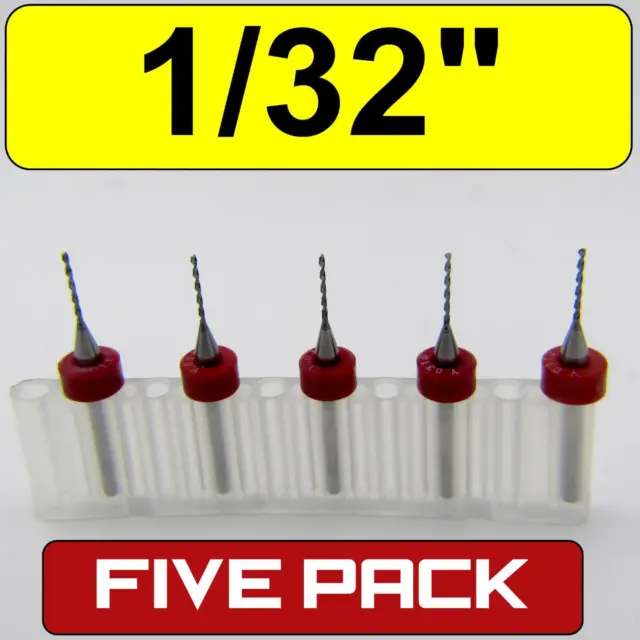 Five 1/32" .031" Carbide Drill Bits - 1/8" Shaft cnc pcb model hobby  R/S