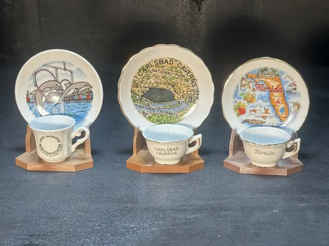 3 Set Vintage Mini Teacup & Saucer Plate Souv Carlsbad Caverns, Sea-Arama,Flori