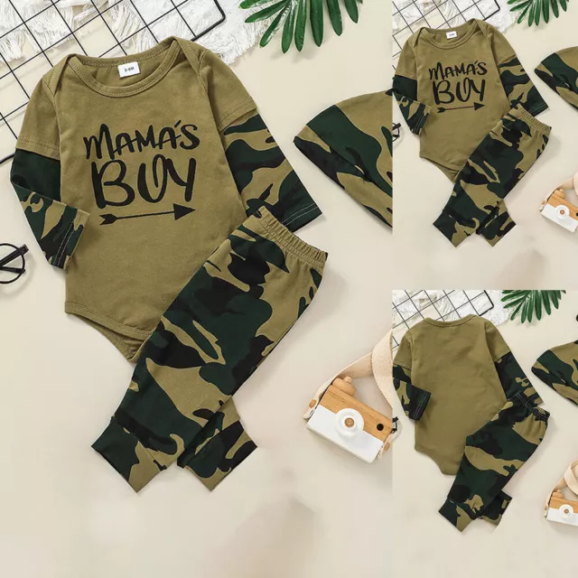 Newborn Baby Boys Camouflage Outfit Long Sleeve Romper Top Pants Hat Clothes Set