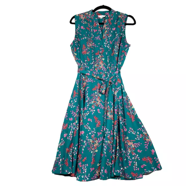 Nanette Lepore Size 6 Teal Floral Sleeveless Pintuck Button Up A Line Dress