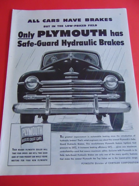 1947 PLYMOUTH has Safe-Guard Hydraulic Brakes photo art print ad