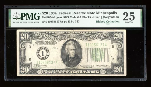 DBR 1934 $20 FRN DGS Mule Minneapolis Fr. 2054-Idgsm PMG 25 Serial I10956137A