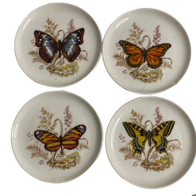 4 Unique Butterfly Bareuther Waldsassen Bavaria Germany Plates Coasters 3.5"