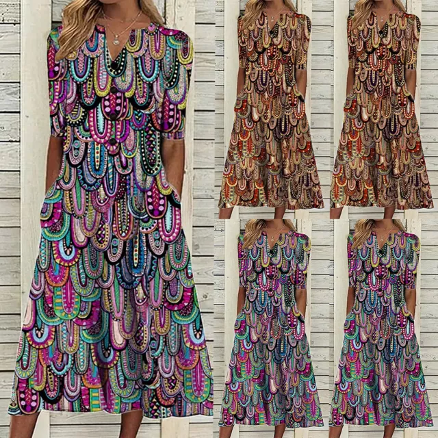 Plus Size Women Floral Boho Midi Dress Ladies Holiday Casual Swing Shirt Dress