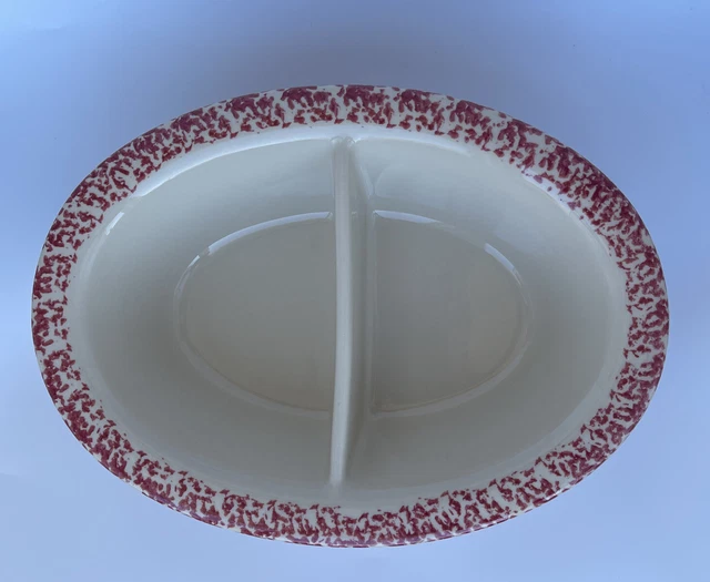 Roseville Gerald Henn Workshops Spongeware Oval Divided Dish Red Stoneware