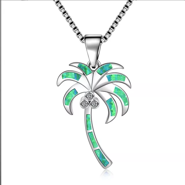 Hawaii Green Fire Opal Palm Tree Necklace pendants Silver Filled For Women Girls