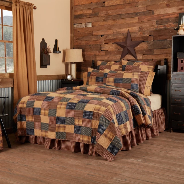 Patriotic Patch Quilt Deep Red/Khaki/Navy Queen