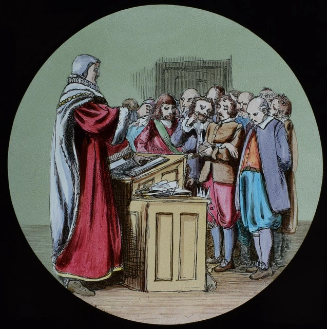 ANTIQUE Magic Lantern Slide PILGRIMS PROGRESS NO67 C1890 DRAWING COURT HEARING