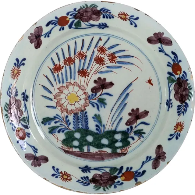 Large Antique Dutch Delft Tin-Glazed Earthenware Floral Plate 18th century