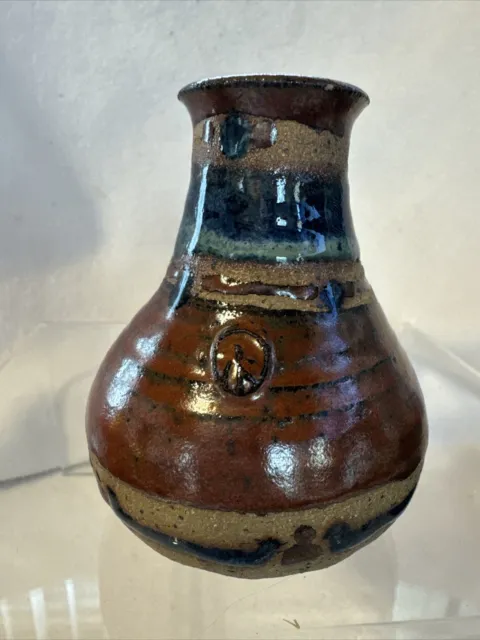 Studio Art Pottery Hand Thrown Brown Blue Glaze - 3.5” Tall Vase Pot -