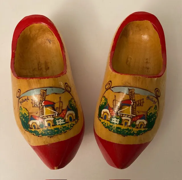 Pair Decorative Wooden Holland Clogs Handpainted Windmill Red Shoes